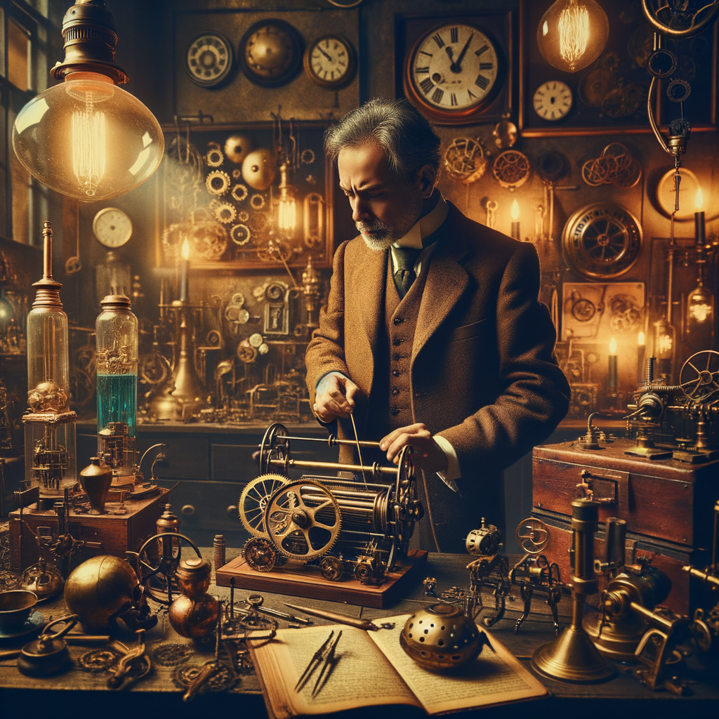 Steampunk inventor in elaborate workshop